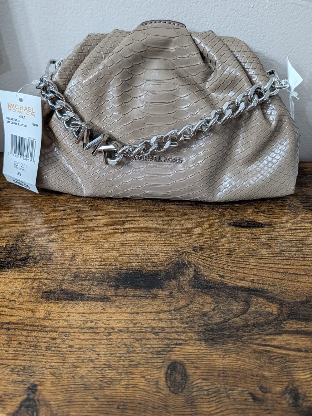 Michael Kors Taupe Python-Embossed Chain Shoulder Bag